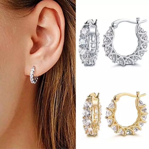 💎020💎 New 925 Sterling Silver Plated Round Diamond Hoop Earrings - Picture 4 of 13